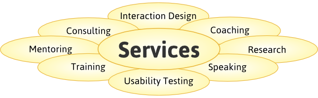 Services: Interaction Design, Consulting, Coaching, Mentoring, Research, Training, Speaking, Usability Testing